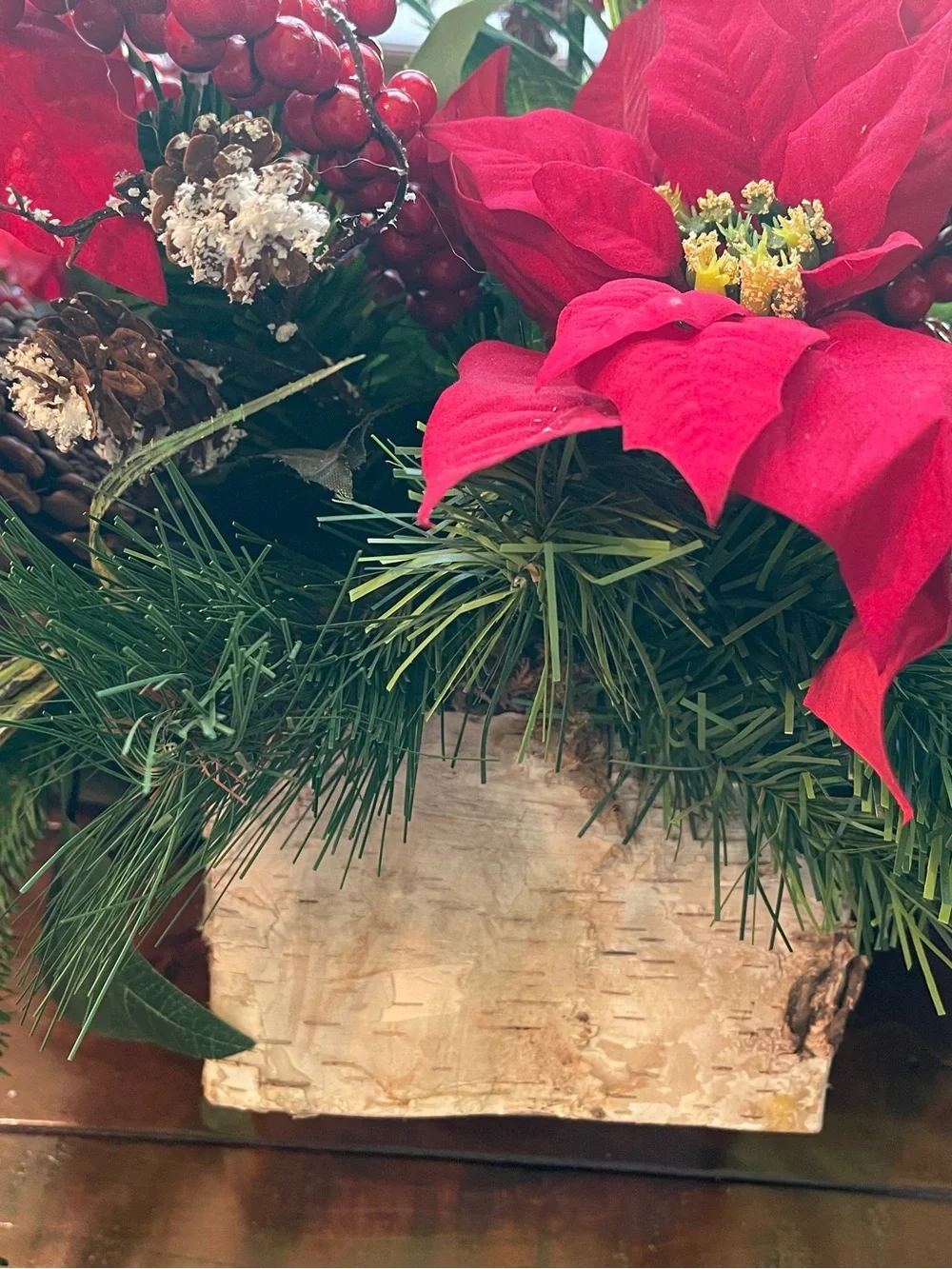 Festive Red Poinsettia Holiday Arrangement - Unbranded with Birch Wrapped Base